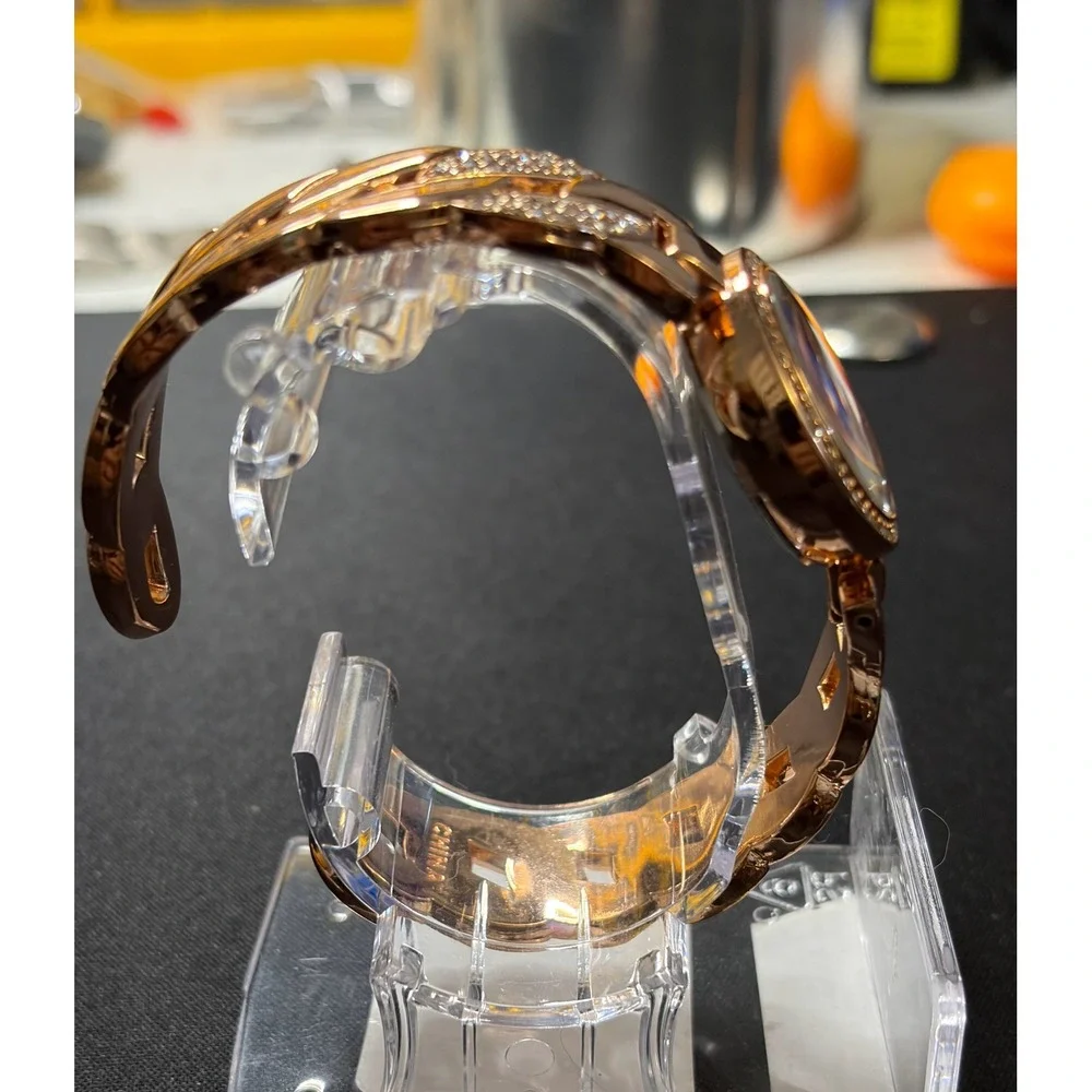 FMD Cuff Watch Women OS Rose Gold Tone Rhinestone Chain Link Analog Quartz